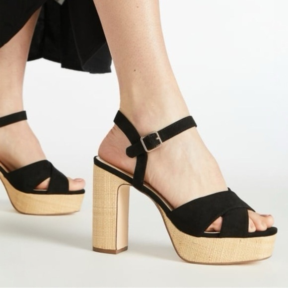 Shoedazzle Tina Crossover Sandals Black Raffia Block Heel Ankle Straps Size 9.5 - Picture 1 of 14